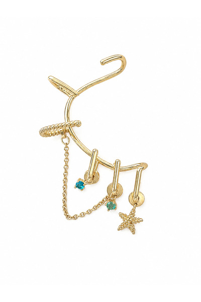 Lovecharm Gold Renk Deniz Yıldızı ve Turkuaz Taş Detaylı Zincirli Kulak EarCuff