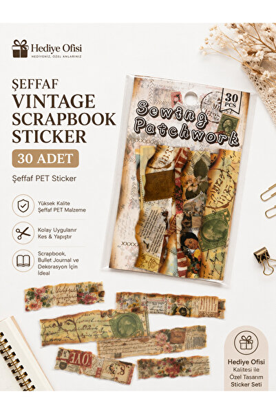 hediyeofisi Şeffaf Vintage Scrapbook Sticker 30 Adet PET Dekoratif Journaling...