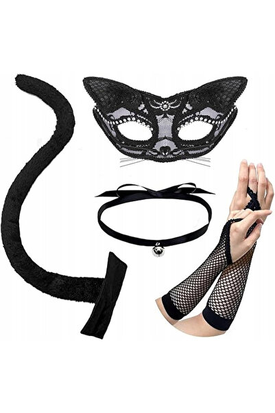 OEM Masca Catwoman + Set de accesorii pisică, Negru, Mască pentru ochi, Coadă...