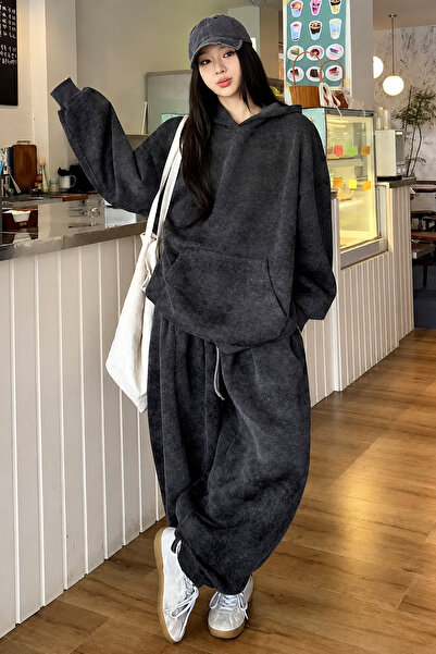 İlayda Toprak Washed Black Washed 3 Thread Oversize Hooded Premium Sweatshirt...