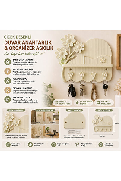 SAF HOBİ ATÖLYE DESİGN 🌼 Çiçek Desenli Duvar Anahtarlık & Organizer Askılık