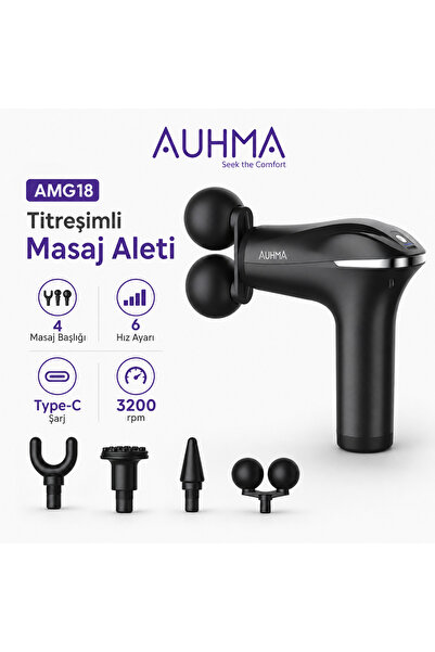 auhma AMG18 Masaj Tabancası Masaj Aleti Masaj Cihazı 6 Hız 4 Başlık Type-C Şa...