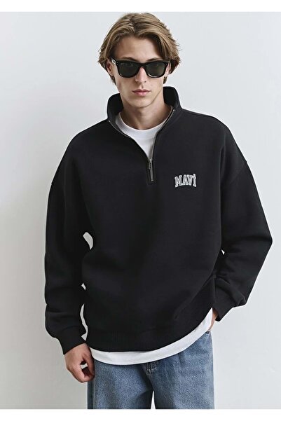 Mavi M0S10208 Logo Printed Semi-Zipper Men's Sweatshirt Black