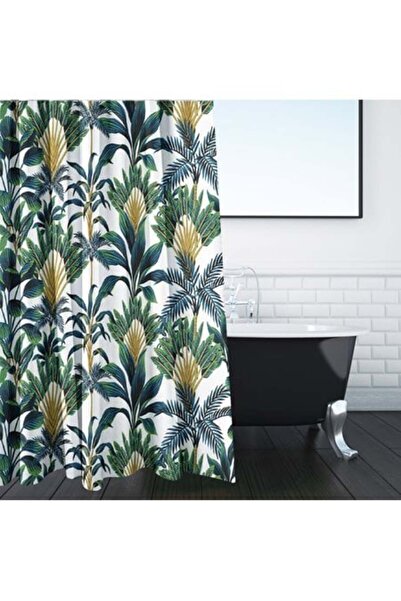 OEM Perdea Dus Alba cu Model Frunze Tropicale Mari Verzi 180x180cm