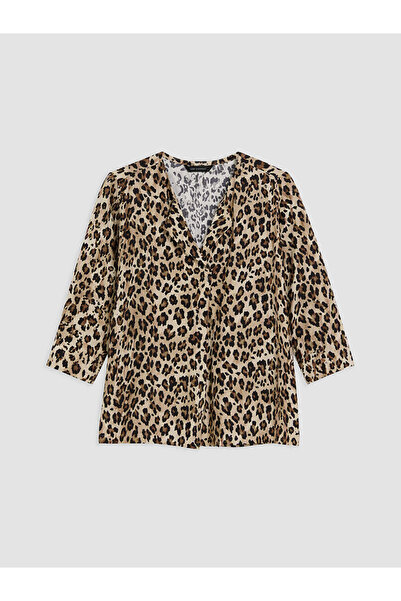LC Waikiki Brown V-Neck Leopard Print Blouse