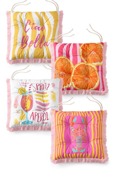 IdeCraft Set of 4 Fringed Italian Spritz and Orange Themed Pouf Chair Cushions