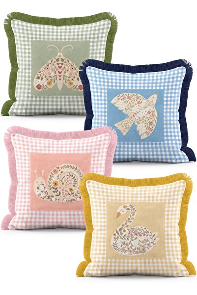 IdeCraft Checkered Cute Bird, Swan and Butterfly Patterned 4-Piece Fringed Th...