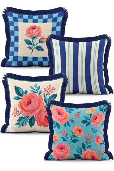 IdeCraft Set of 4 Fringed Throw Pillow Covers with Blue Stripes and Checkered...