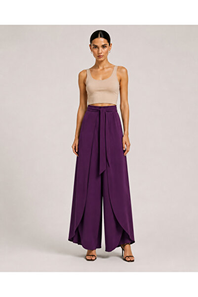 De Carte Women's Belted Double-Breasted Look Modal Fabric Wide-Leg Sweatpants