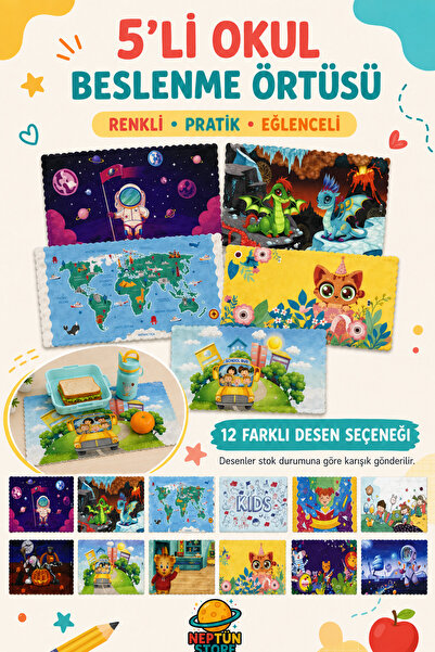 neptünstore 5’li Desenli Okul Beslenme Örtüsü Seti – Karışık Modelli