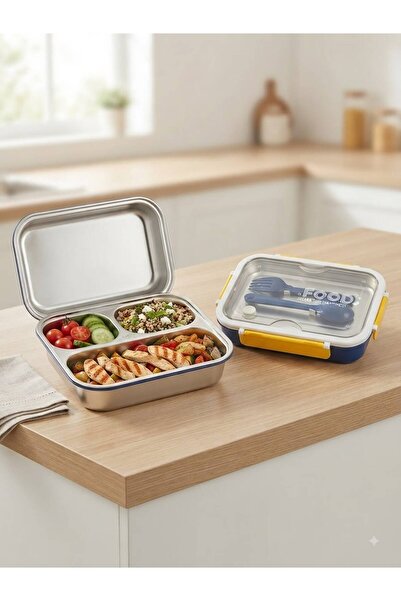 tüftürük 304 Stainless Steel Wide Single-Layer 3-Section Lunch/Meal Box