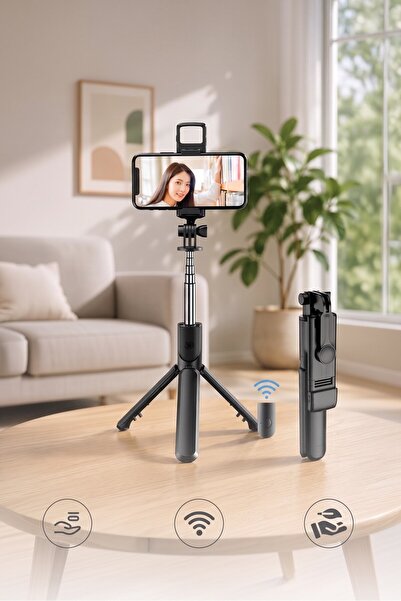 Başkenttekno Tripod Çok Amaçlı Kumandalı Kablosuz Selfie Çubuğu Siyah