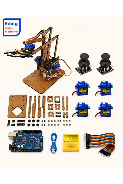 EDİNG EĞİTİM PLATFORMU Arduino Uno MDF Robot Kol Eğitim Demonte Set| 4 Servo ...