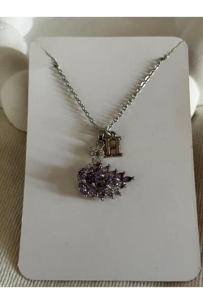 bijoux uniques Mor zirkon taşlı kuğu model H harfli 316L çelik kolye