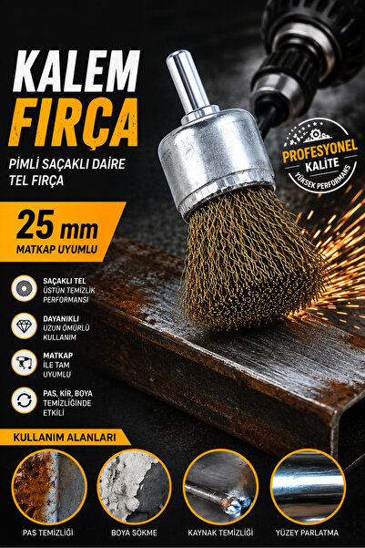 NEXTRA 25 mm Kalem Fırça Pimli Saçaklı Çelik Tel Fırça Matkap Uyumlu Pas Boya...