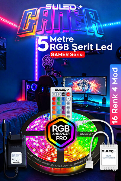 SULED Gamer 5 Metre RGB Şerit LED Işık Kumandalı 16 Renk 4 Modlu Masa Ortam ve Oda Aydınlatma