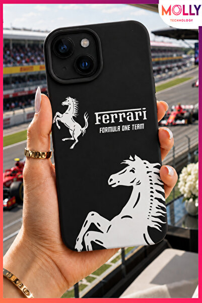 Molly iPhone 15 İçin Siyah Racing Horse Desenli İçi Kadife Silikon Kılıf