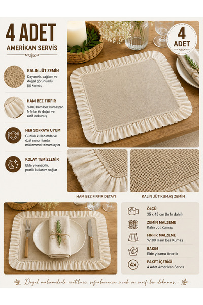fabricorg 4 Piece Jute Fabric Ruffled American Service Set