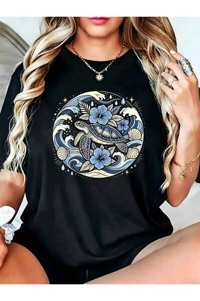 9JY Casual Boho Women's T-Shirt Sea Turtle And Hibiscus Flower Graphic Summer...