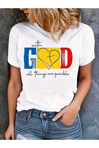 kai22 قميص نسائي كبير الحجم من LUNE مزين بقلب وشعار مع عبارة GOD All Things A...