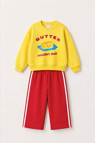 Monila Unisex Kids Printed Yellow Sweatshirt and Red Sweatpants Set