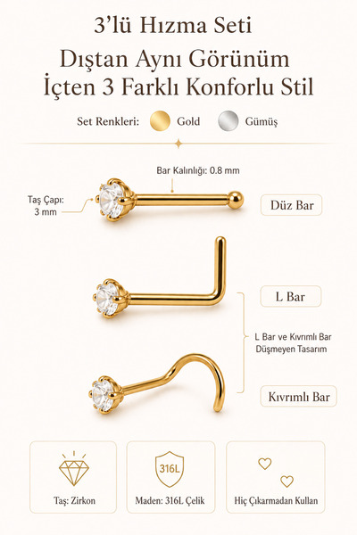 Sacce Scarves&Accessories 3'lü 316L Çelik Burun Hızması Seti 3 mm Zirkon Taşlı Düz L Kıvrımlı