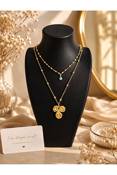 Aleda Steel Turquoise Stone Double Three-Petal Flower Figured Necklace