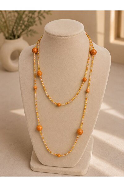 MARE BUTİK Orange Beaded Long Layered Necklace