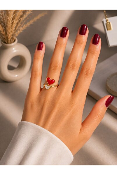 MARE BUTİK Red Enamel Double Heart Figured Adjustable Steel Ring – Gold