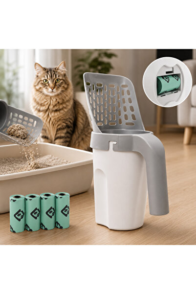 portara Hazneli Kedi Kumu Küreği Elekli Poşet Hazneli Kedi Kum Temizleme Küre...