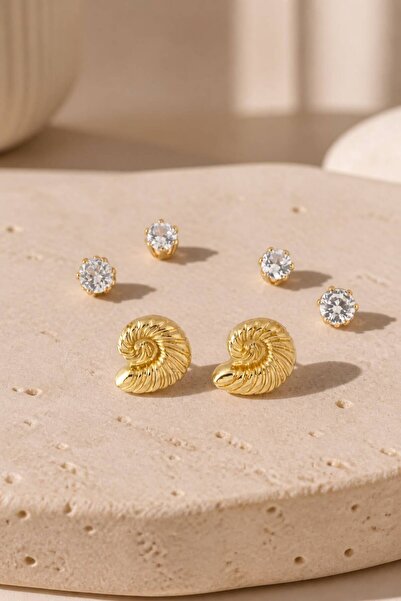 LYKOS Set of 3 Brass Earrings with Sea Shell and Zircon Stones - Assorted Siz...