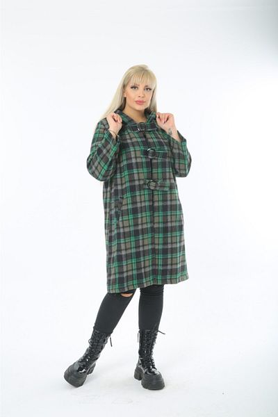 MJORA Jachetă-lungă cu glugă cu model în carouri verde