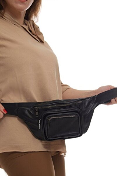 Erzeno Kadın Siyah Hakiki Deri Freebag Çapraz Bel Çantası