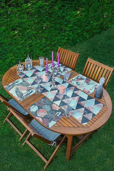 Realhomes 4+1 Triunghi geometric și Motiv cu frunze tropicale Set de serviciu și alergător american