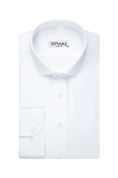 SÜVARİ Slim Fit Armür Desenli Beyaz Erkek Gömlek
