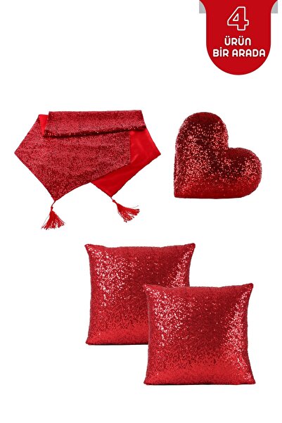 Bc Home 4'lü Kırmızı Payetli Runner Ve Kırlent Kılıfı Seti