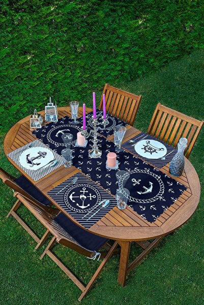 Realhomes 4+1 Set de serviciu și alergător american cu motiv ancoră bleumarin
