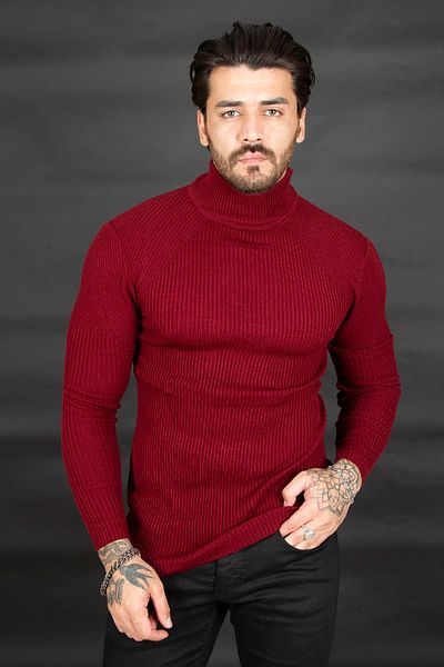 DeepSEA Men's Burgundy Turtleneck Striped Slim Fit Knitted Sweater2100015