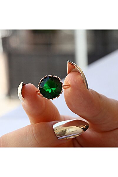 Takı Boom Büyük Yeşil Zirkon Taşlı Yuvarlak Gümüş Yüzük