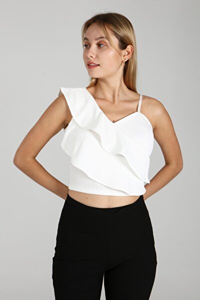 Genel Markalar Kadın Beyaz Tek Omuzu Ayarlanabilir Askılı Tek Omuzu Fırfırlı ...