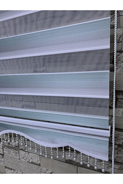 PERDECİNİZ Yeşil Gri Mini Plise Zebra Perde (etek Boncuklu)