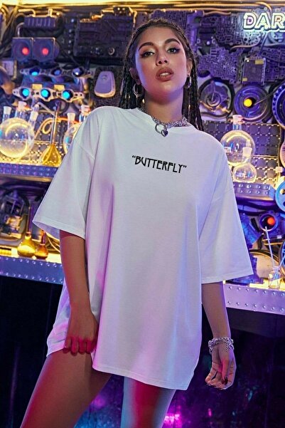 MODAGEN Γυναικείο μπλουζάκι Oversize με στάμπα με λευκή πεταλούδα