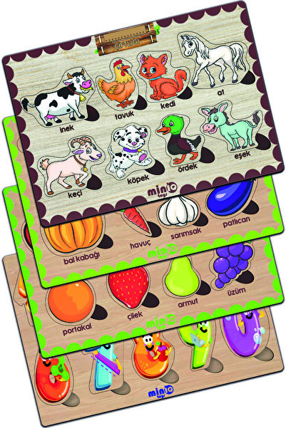 minİQ toys Ahşap Türkçe Ciftlik Hayv.+sebzeler-meyveler-sayilar 4’lü Set Eğit...