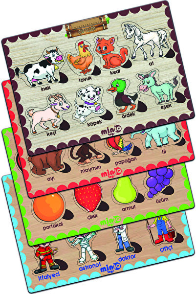 minİQ toys Ahşap Türkçe Ciftlik Hayv.+orman Hayv.-meyveler-meslekler 4’lü Set...