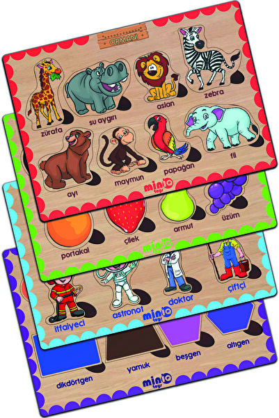minİQ toys Ahşap Türkçe Orman Hayv.-meyveler-meslekler-şekiller 4’lü Set Eğit...