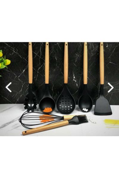 Akse Binbir Çeşit Ürün 7-Piece Bamboo Handle Silicone Ladle Spatula Kitchen Set Silicone