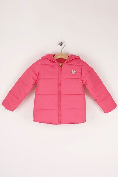 Mika Bebek & Çocuk Heart Embroidered Fuchsia Pink Baby Girl Slim Fit Hooded Puffer Coat
