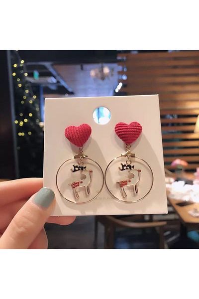 Queen Nelly Christmas Special Design - Red Heart Deer Hoop Earrings