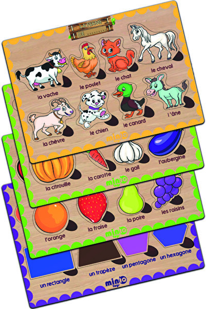 minİQ toys مجموعة مجسمات حيوانات المزرعة الفرنسية الخشبية - الخضروات - الفواك...