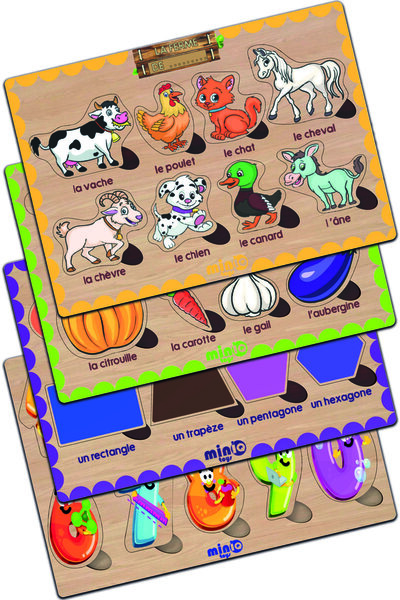 minİQ toys مجموعة ألغاز تعليمية خشبية لحيوانات المزرعة الفرنسية - خضروات - أش...